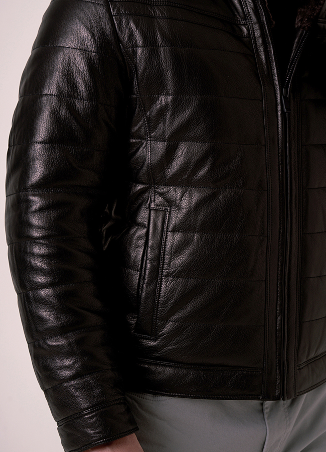 Кожаный пуховик с отделкой из овчины модель № 215 в рассрочку