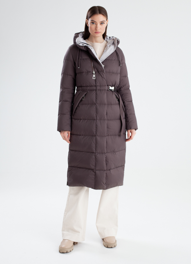 Женский длинный пуховик с капюшоном модель № 23348 меха малина
