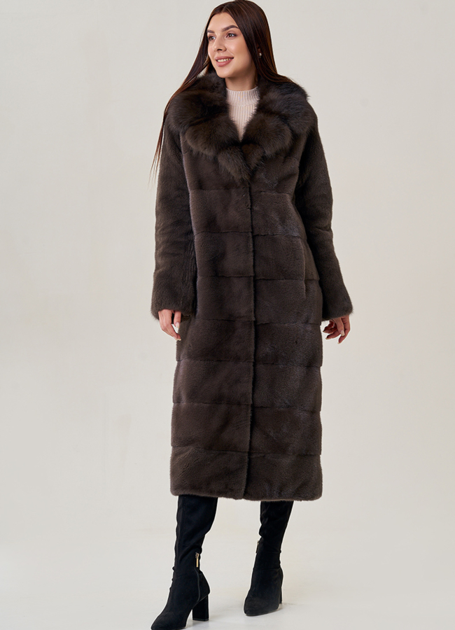 Длинная шуба из норки с куницей модель № 2202 универмаг малина