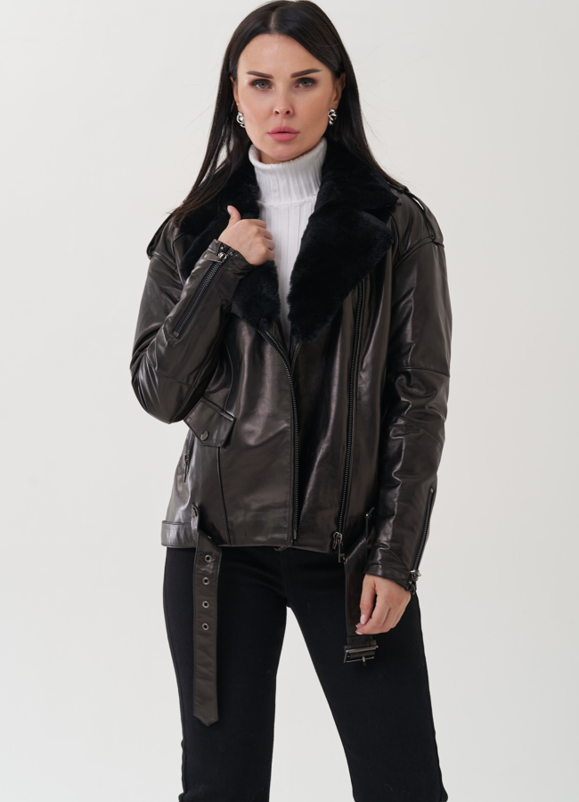 Утепленная куртка из натуральной кожи черного цвета модель № 24083 универмаг малина