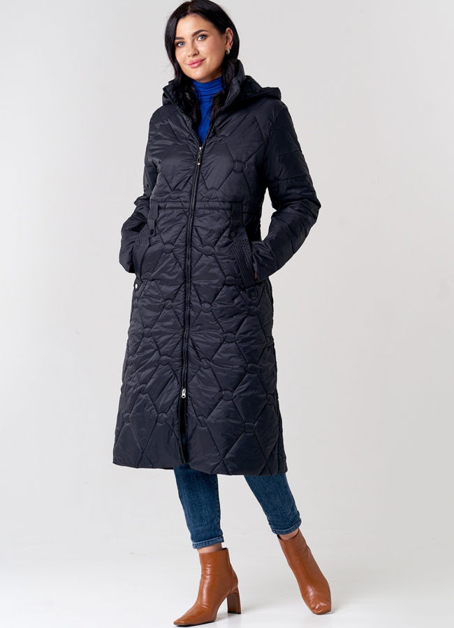 Утепленное женское пальто черного цвета модель № 21582 универмаг малина