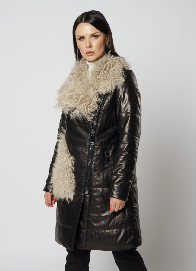 Полупальто женское из натуральной кожи черного цвета модель № 2100 меха малина