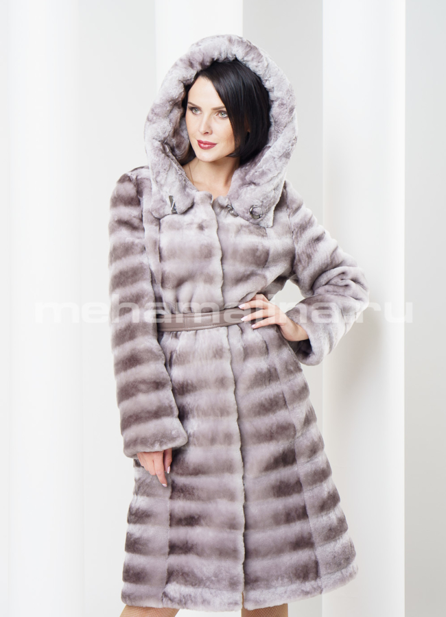 Шуба из мутона поперечка светлая модель № S-297 меха малина