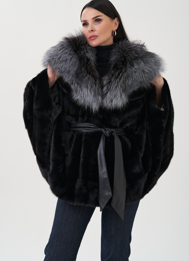 Шуба из норки с капюшоном из чернобурки модель № 24731 меха малина