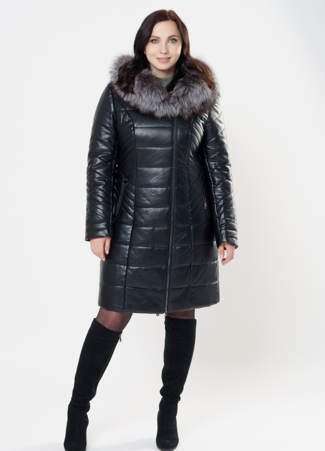 фото Пуховик из эко кожи черного цвета с капюшоном модель № 983