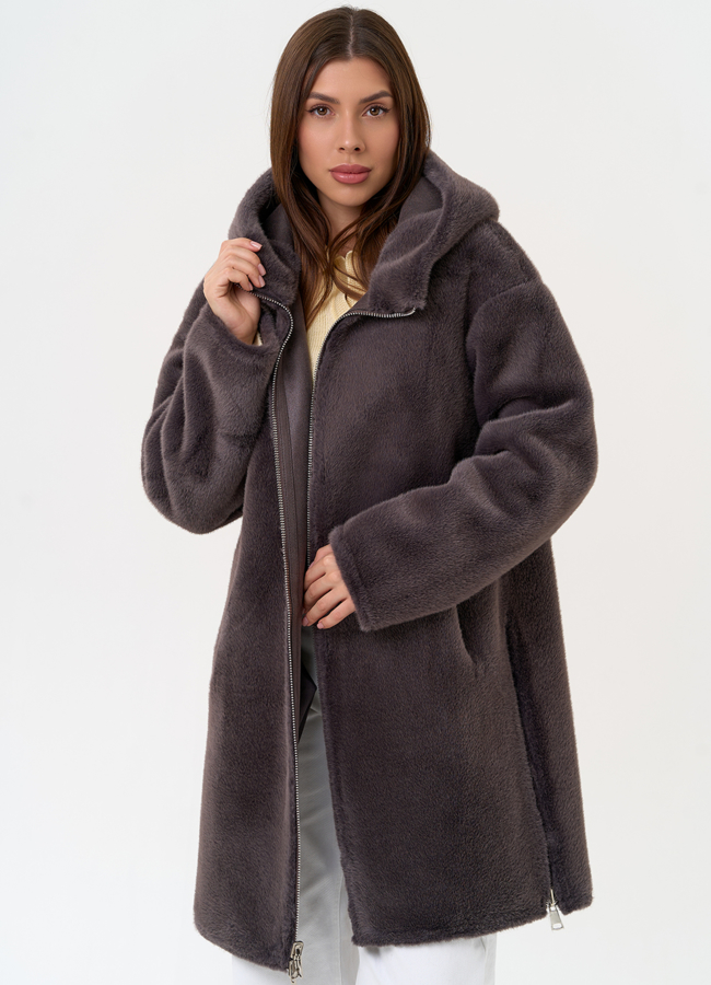 Женская двухсторонняя дубленка из эко замши с капюшоном модель № 31435 универмаг малина Женская двухсторонняя дубленка из эко замши с капюшоном модель № 31435 универмаг малина