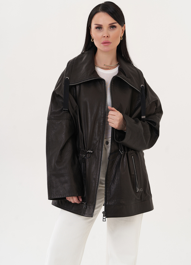 Кожаная куртка оверсайз черного цвета модель № 27140 в рассрочку