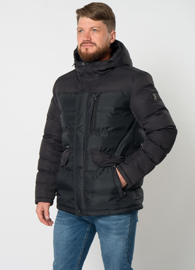 Пуховик мужской в черном цвете с капюшоном модель № 21710 меха малина