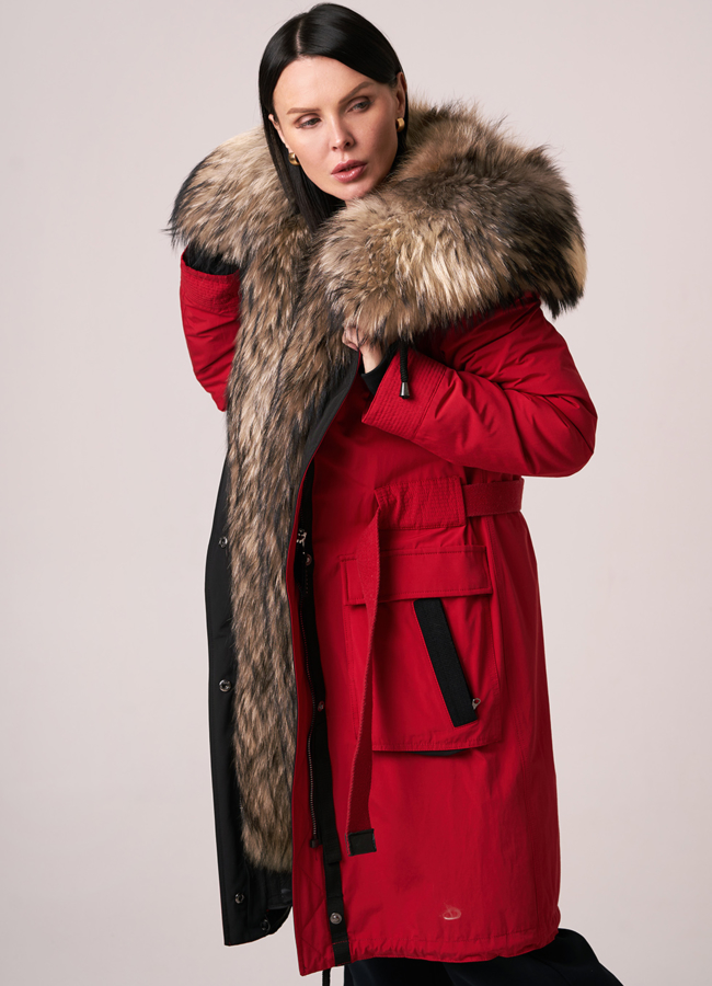 Женская парка красного цвета модель № 12019 меха малина