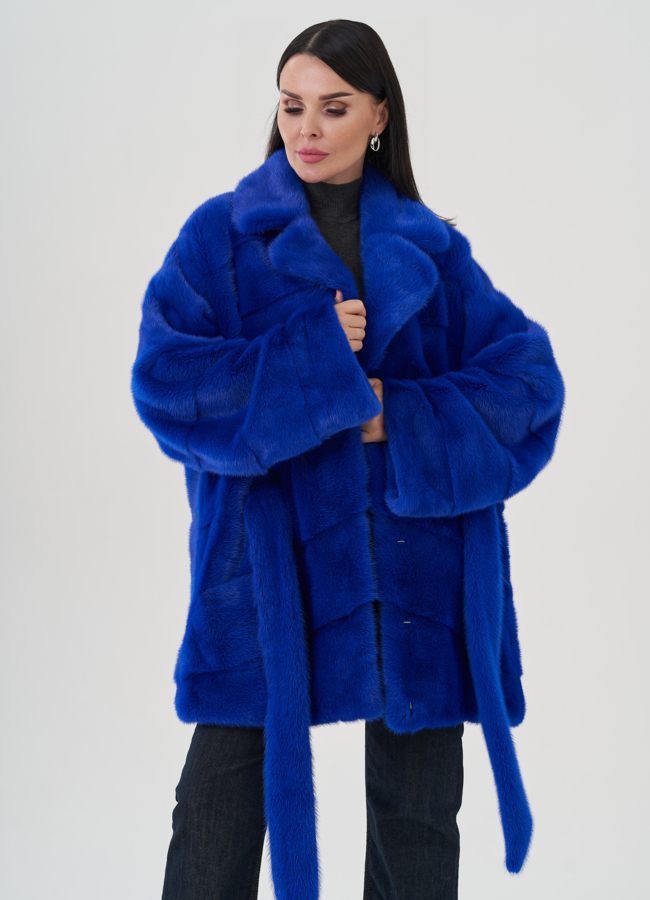 Шуба из норки синего цвета модель № 24705 меха малина