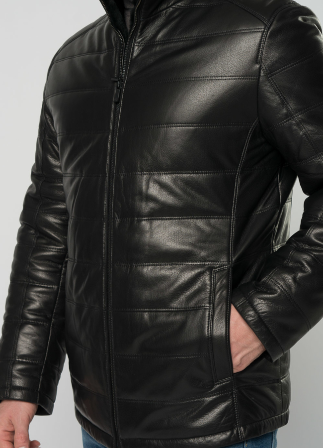 Мужской пуховик из натуральной кожи с отделкой из овчины модель № 21916 в рассрочку