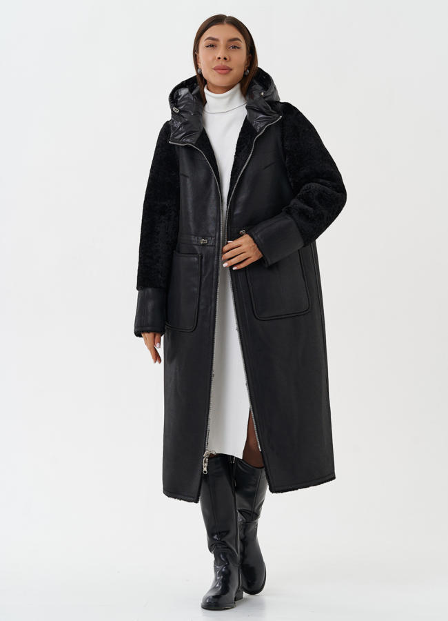 Двухсторонняя дубленка из эко кожи с капюшоном модель № 28563 универмаг малина