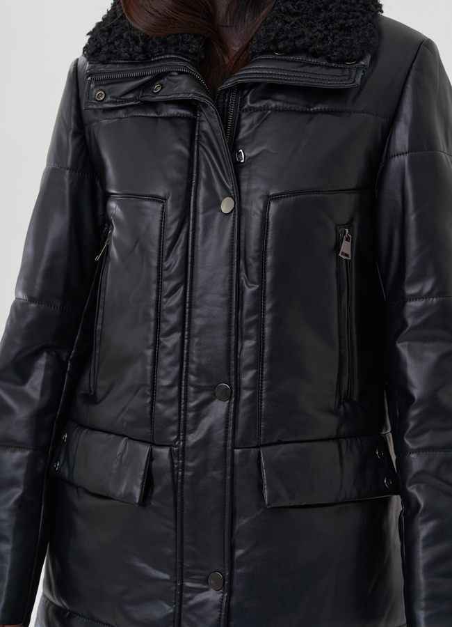 Пуховик из эко кожи с отделкой воротника модель № 25344 универмаг малина