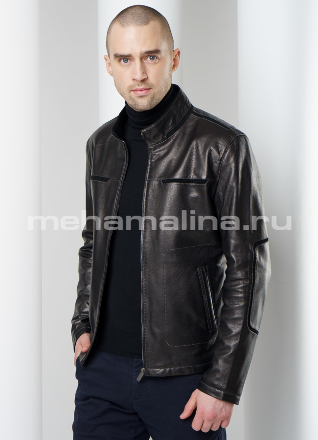 Мужская кожаная куртка модель № KP-207 меха малина