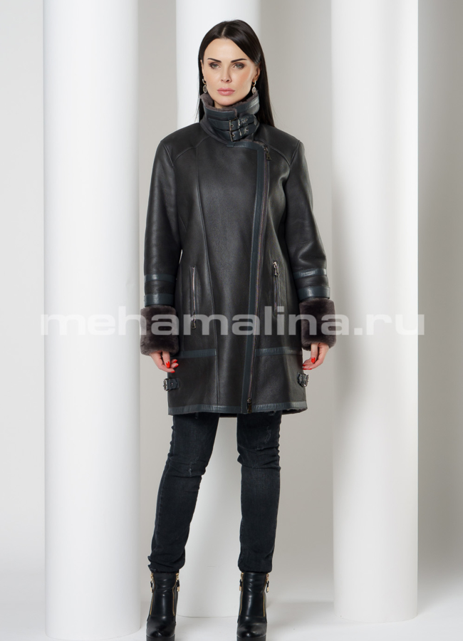 фото Женская дубленка пилот в черном цвете модель № 9040