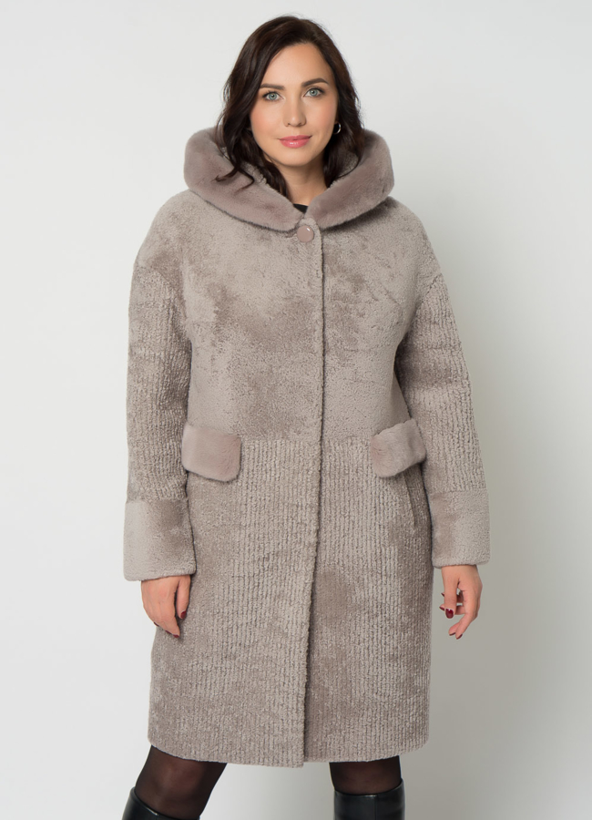 Шуба из овчины с капюшоном в сером цвете модель № 21673 универмаг малина