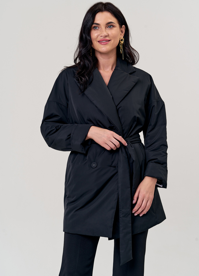 Полупальто черного цвета с английским воротником модель № 21159 меха малина