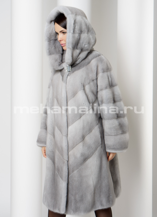 Норковая шуба с капюшоном в цвете сапфир модель № S-733 в кредит