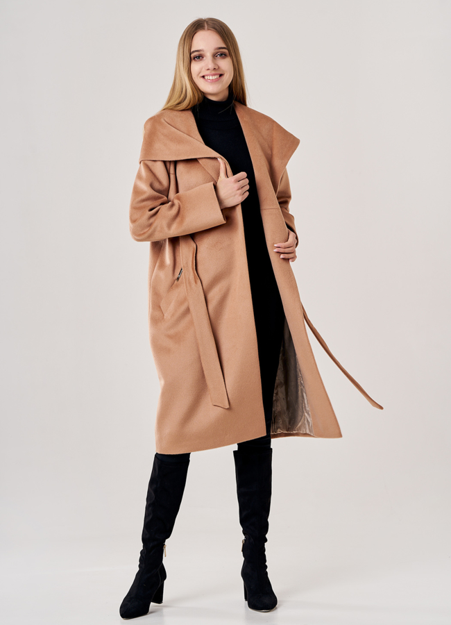 Пальто женское коричневого цвета с капюшоном модель № 038 универмаг малина