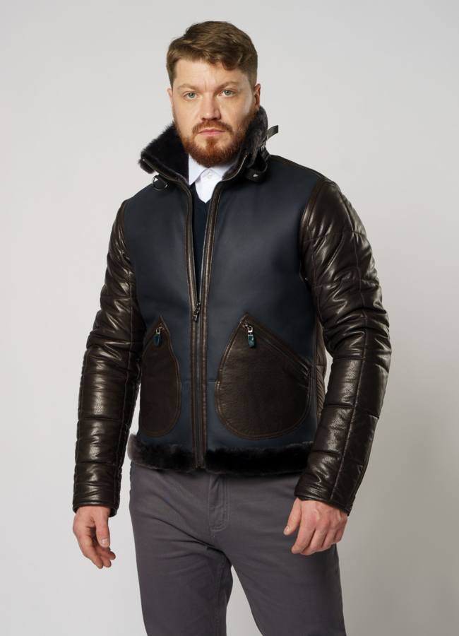 фото Мужская дубленка на молнии с воротником стойка модель № DM-134