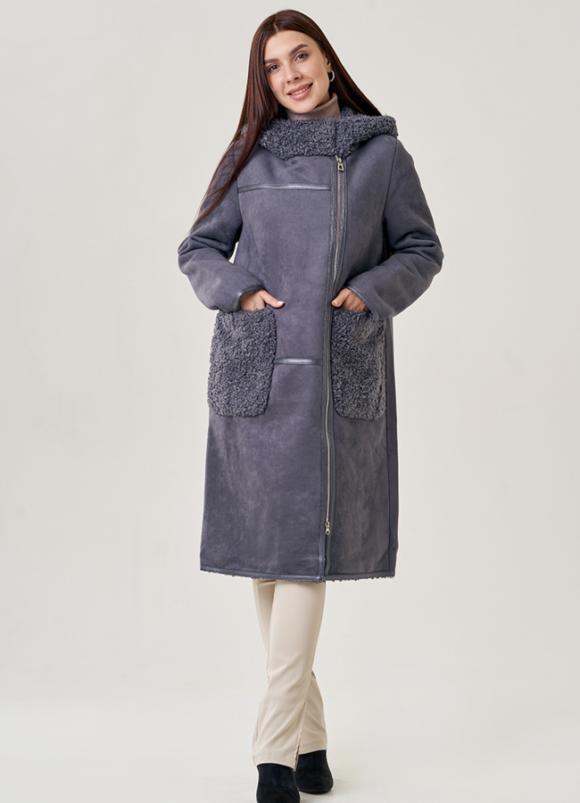 Женская дубленка из эко кожи в цвете графит модель № 23069 в рассрочку