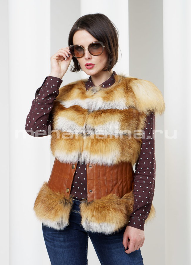 Жилет из лисы с кожей модель № M-46 в кредит