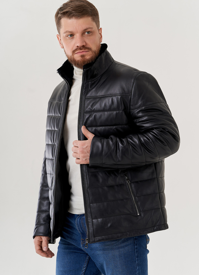 Мужская куртка из натуральной кожи  модель № 79615 меха малина