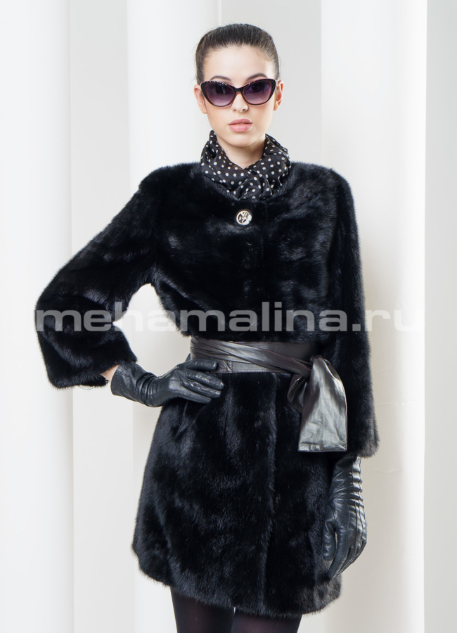Норковая шуба черного цвета модель № S-340 меха малина