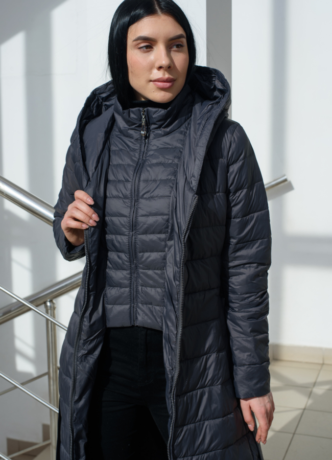 Пальто женское приталенное серого цвета  модель № 22554 универмаг малина