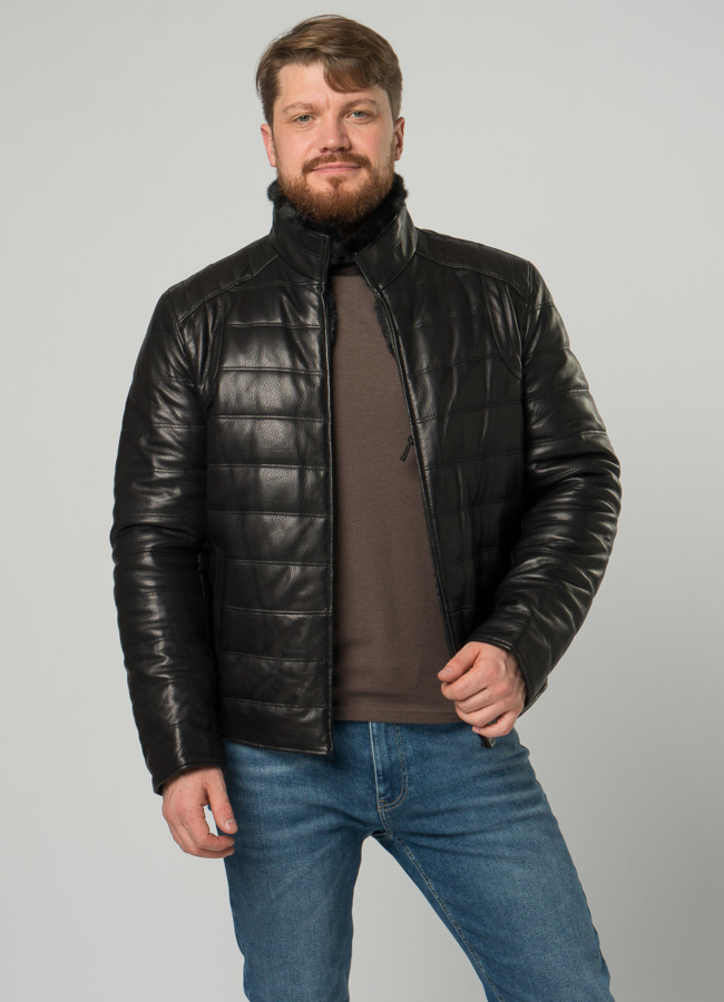 Мужской пуховик из натуральной кожи с воротником стойкой модель № 20025 универмаг малина