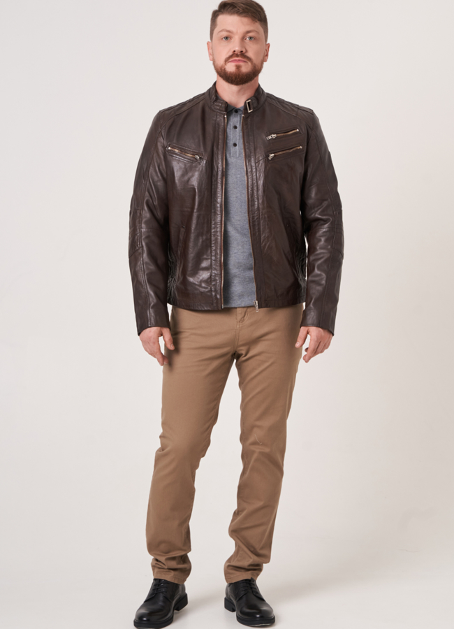 Кожаная коричневая куртка на молнии со стойкой модель № 775 универмаг малина