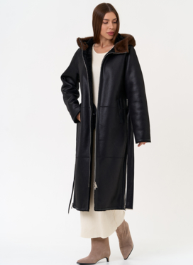 Женская дубленка из эко замши с поясом Женская дубленка из эко замши с поясом