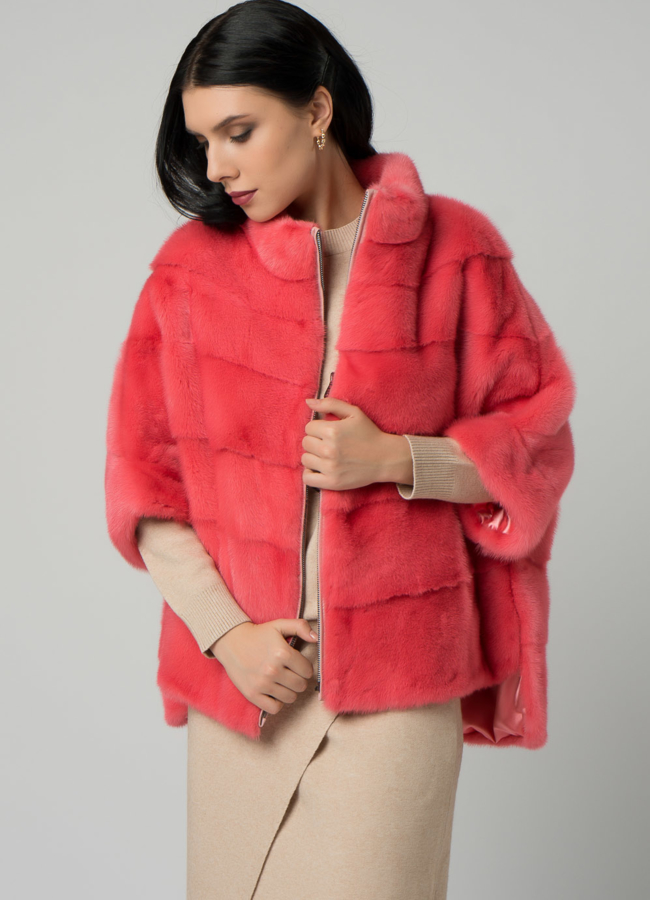 Короткая шуба на молнии розового цвета модель № 21914 меха малина