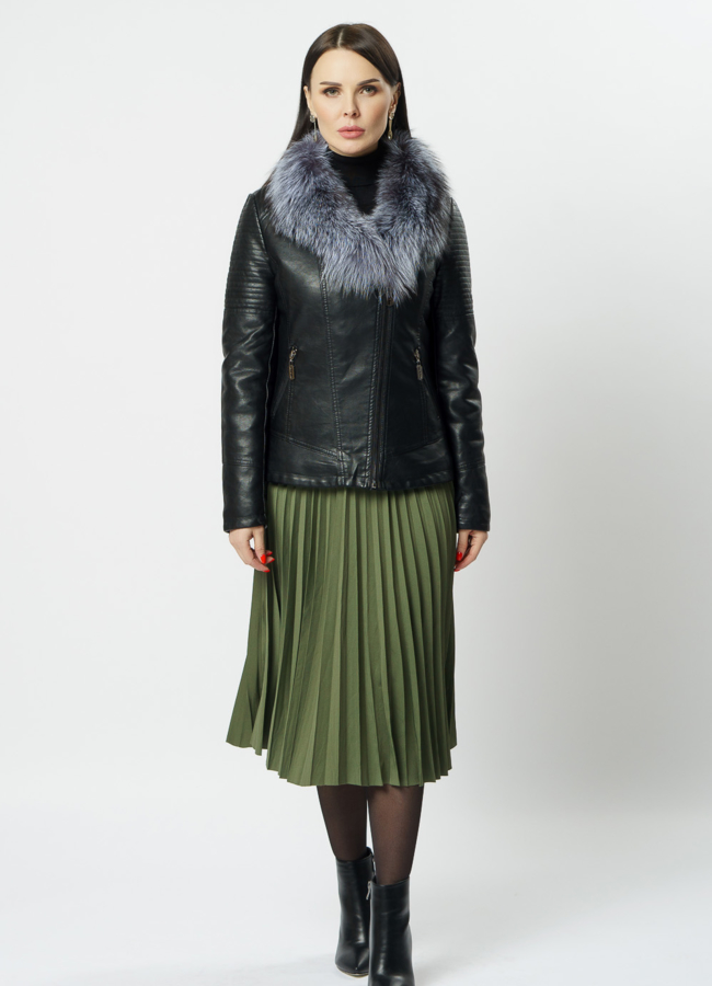 Куртка черная из эко кожи с отделкой чернобурка модель № 18238 в кредит