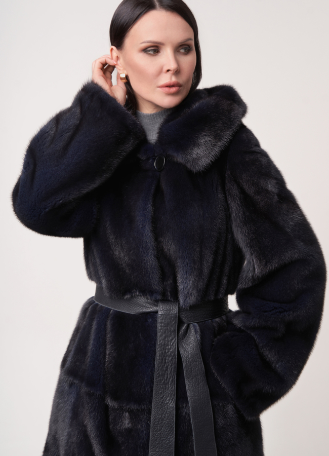 фото Шуба из норки с кожаным поясом модель № S-759