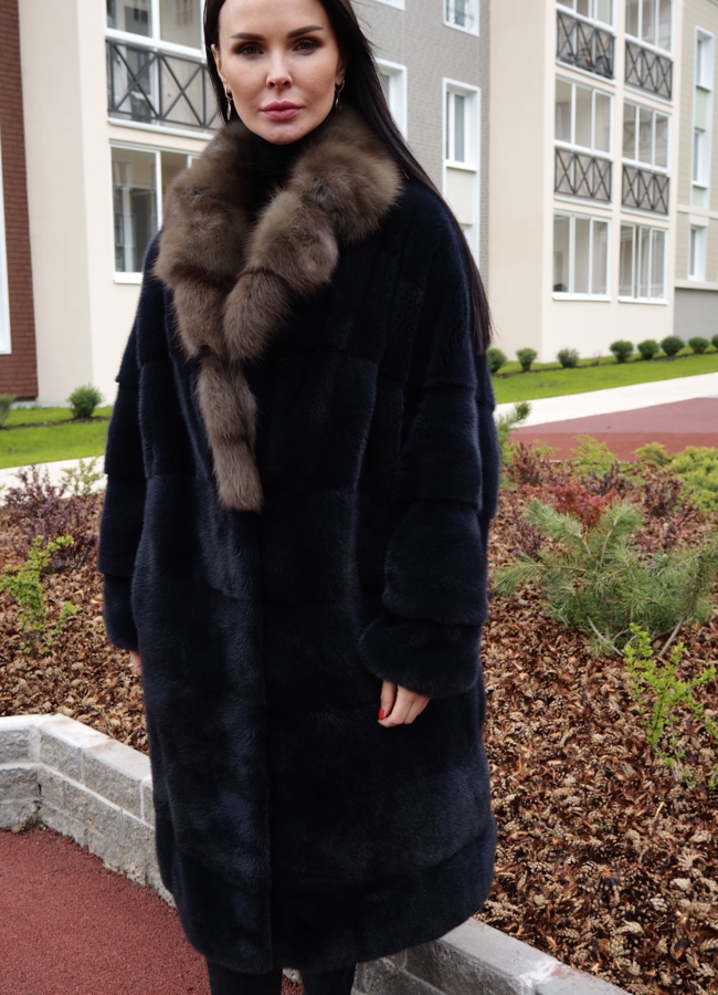 фото Пальто женское из норки синего цвета модель № S-762