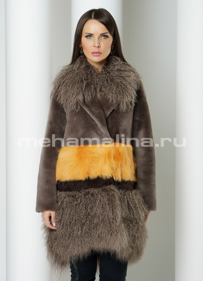 Женская дубленка на кнопках с английским воротником модель № 3213 меха малина