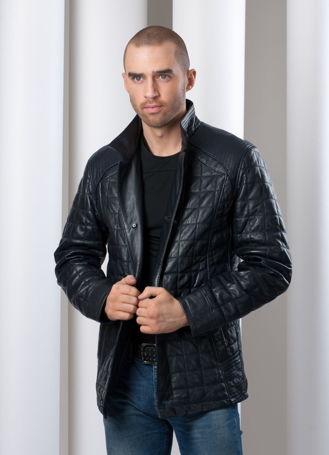 фото Кожаная куртка на пуговицах, цвет синий модель № KP-31 фото Кожаная куртка на пуговицах, цвет синий модель № KP-31