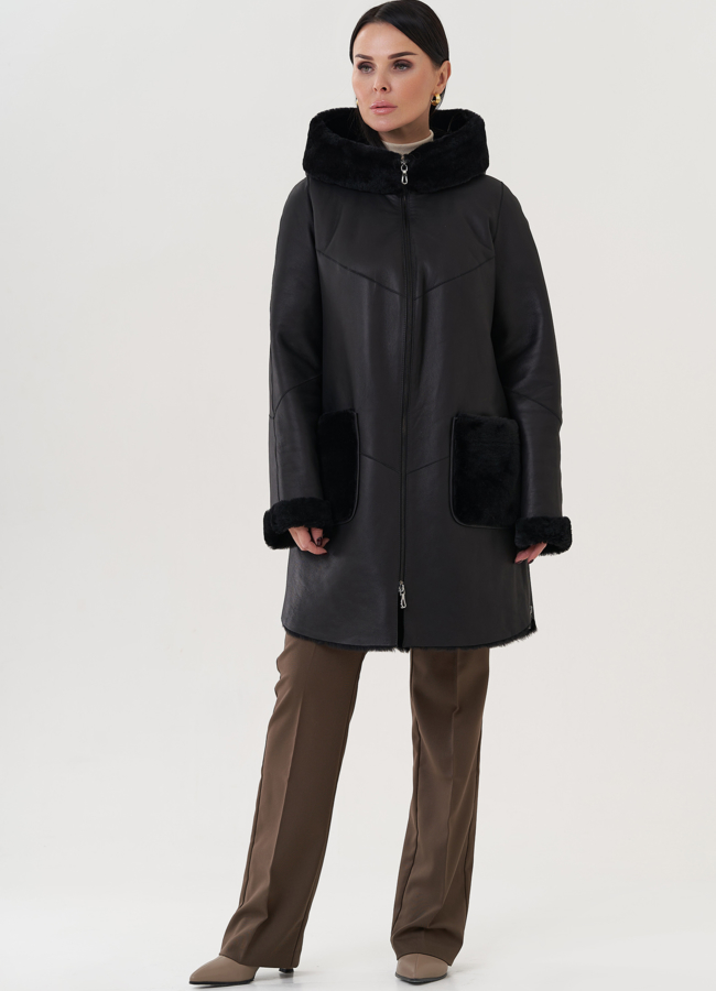 фото Дубленка женская с капюшоном  модель № 25913