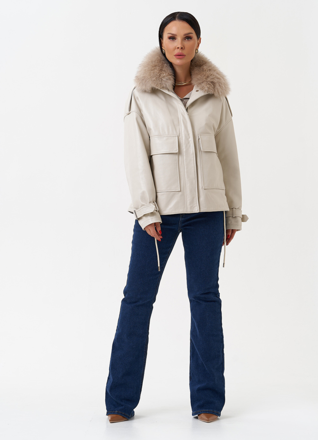 фото Женский кожаный пуховик с отделкой из песца модель № 28525