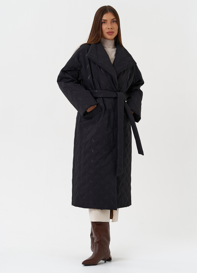 Женское стеганое пальто с поясом модель № 28460 меха малина