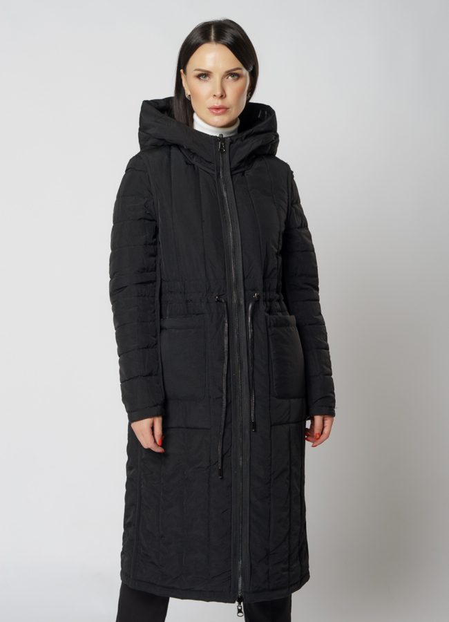 Пальто из натуральной кожи черного цвета с капюшоном 2 в 1 модель № 18233 универмаг малина