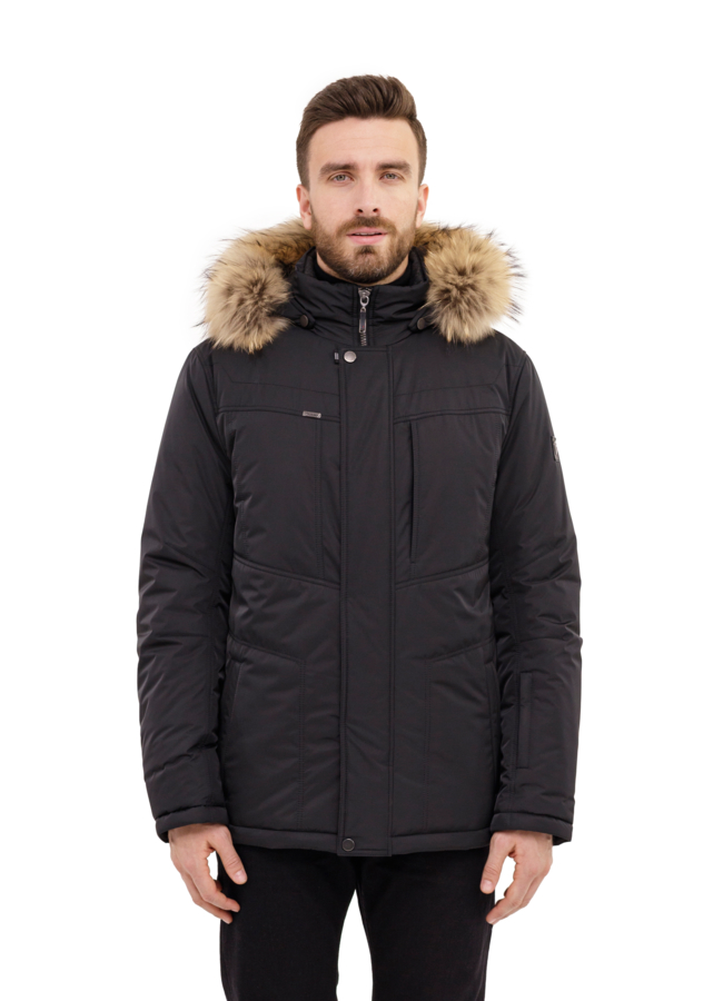 фото Куртка черного цвета с капюшоном , отделка енот  модель № 23650