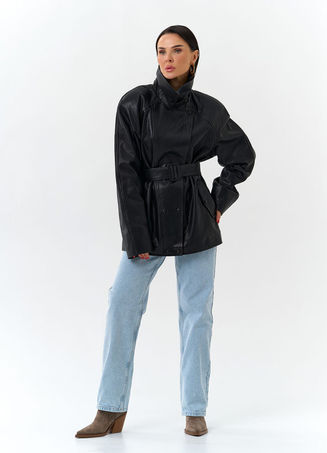 Женская куртка из натуральной кожи  с поясом модель №  в рассрочку