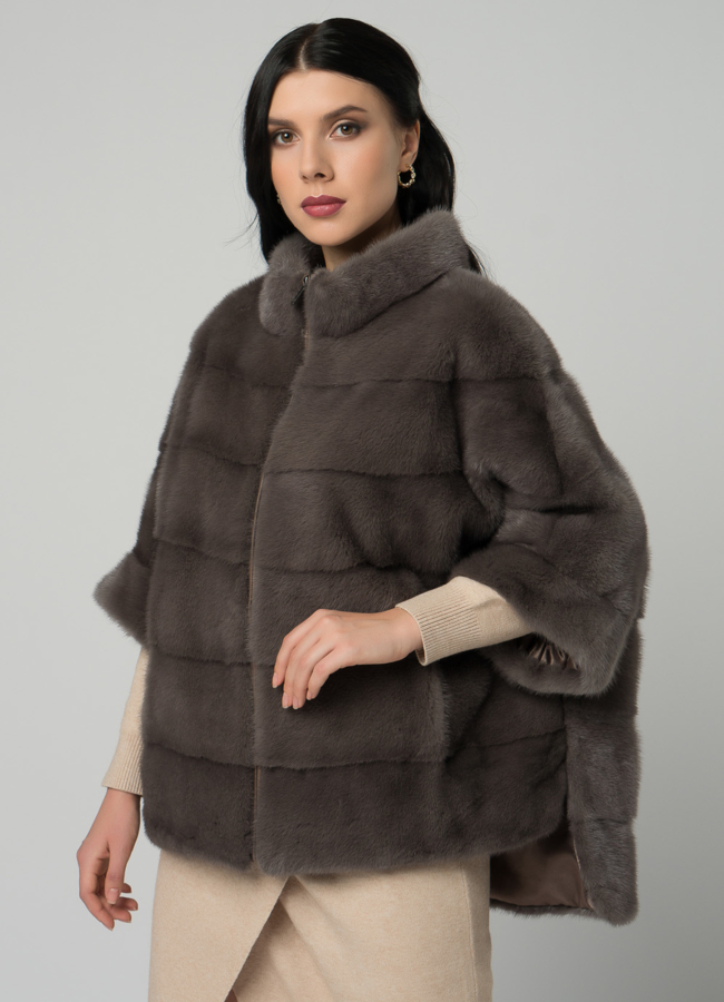 Короткая шуба на молнии коричневого цвета модель № 21913 меха малина