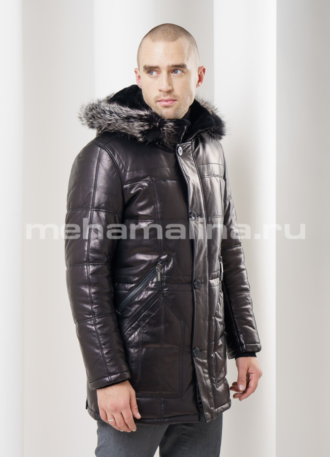фото Кожаный пуховик удлиненный модель № ПМ-57