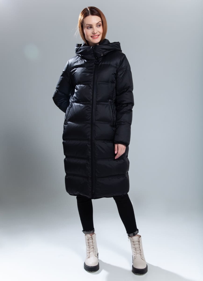 фото Пуховик женский с капюшоном черного цвета модель № 908Y