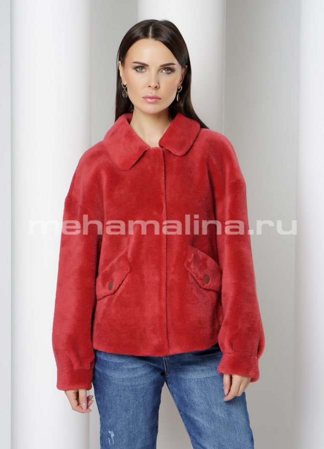 Укороченная шуба из эко меха красного цвета модель № 1012 универмаг малина