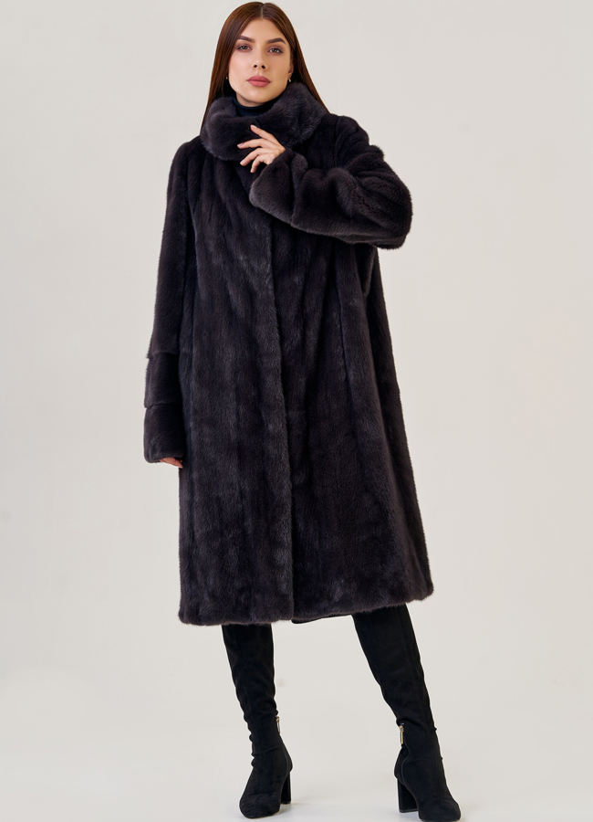 фото Длинная шуба из норки с воротником - стойкой модель № 78829