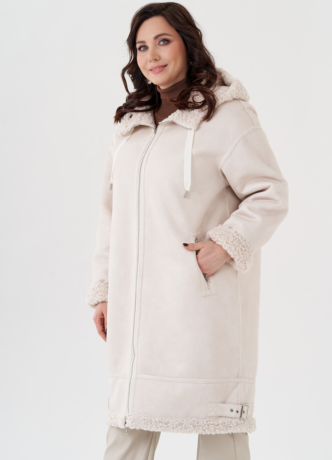 Двусторонняя женская дубленка с капюшоном модель № 23993 меха малина